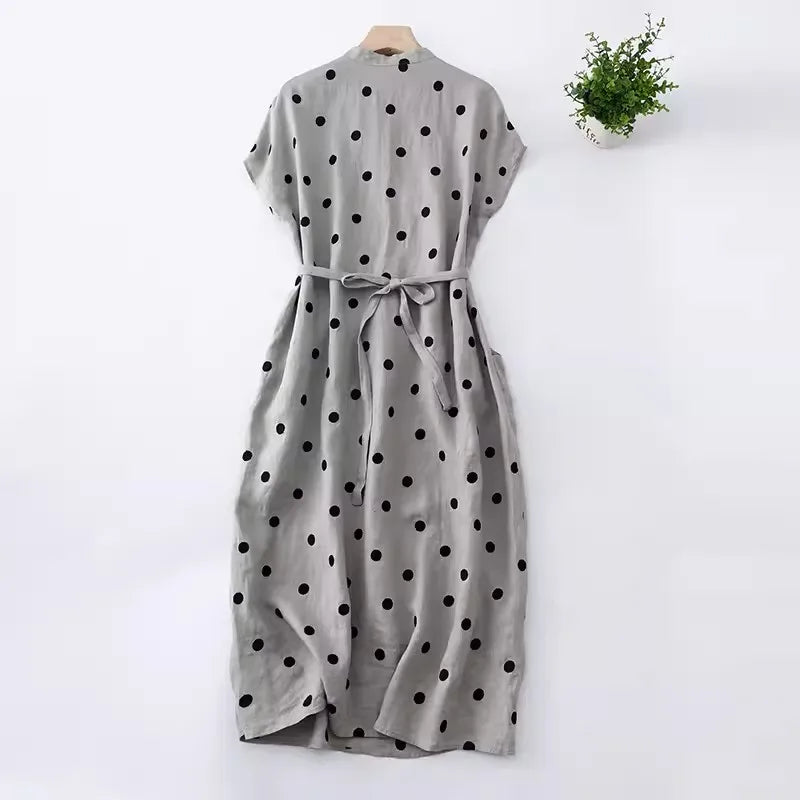 Summer Women Dresses Elegant Short Sleeve Drawstring Midi Dress Vintage Polka Dot Sundress