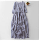 Elegant Flower Embroidery Ramie Ladies Dresses Summer Cotton Midi Dress for Women