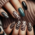 Medium long nails for women girls black brown leopard strips flowers frnech ballet tips press on false nail art set