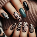 Medium long nails for women girls black brown leopard strips flowers frnech ballet tips press on false nail art set