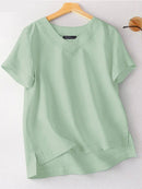 Summer Solid Tops Woman Short Sleeve V-Neck Chemise Female Loose Casual Cotton Blouse Oversize