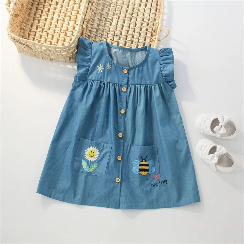 Summer Girls Dresses Animals Embroidery Children's Clothing Party Buttons Lovely Dresses