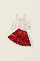 Girl's Summer Sleeveless Set Children's Sweet Style Lace Top Red Short Skirt Two Piece Set
