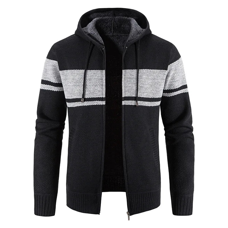 Men's  Knitted Sweater Jackets Autumn and Winter Men's Striped Hooded Fleece Thicken Keep Warm Cardigan Coats