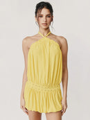 Halter Backless Pleated Mini Dress Women Off-shoulder Sleeveless Dresses