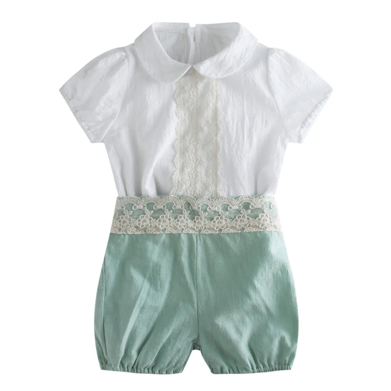 Spanish Style Summer Set for Baby Boy Girl Lace White Short Sleeve Shirt with Elastic Waist Shorts Infant Fashion Children Suit