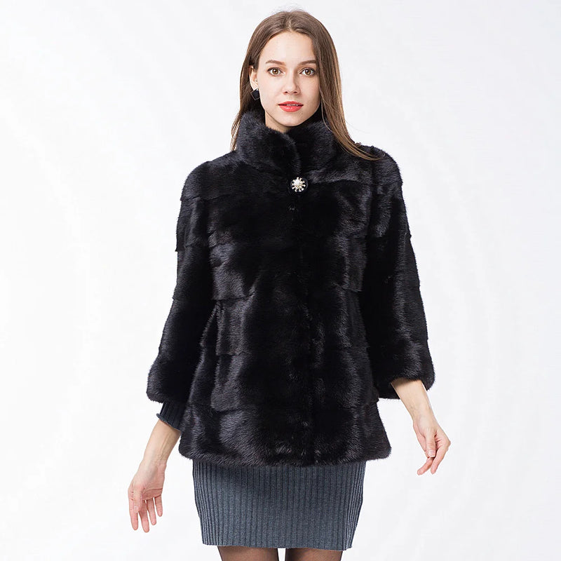 Natural Real Fur Coat Sleeve Women Mink Fur Coats Stand Collar Jackets Outwear Real Fur Clothing