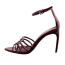 Maroon high-heeled sandal with strappy design on a white background, Obroi