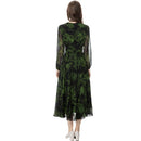 Women Round Neck Lantern Long-Sleeved Pleated Scenery Dress