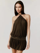 Halter Backless Pleated Mini Dress Women Off-shoulder Sleeveless Dresses