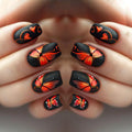 Nails with black and orange butterfly design held by a hand, Obroi
