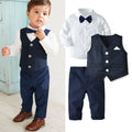 Child wearing a formal outfit with a vest and bow tie, next to an image of the outfit on a white background, Obroi