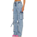 Women Denim Pants Spring Washed Multi Pocket Design Ladies Jeans Loose Casual Long Denim Trousers