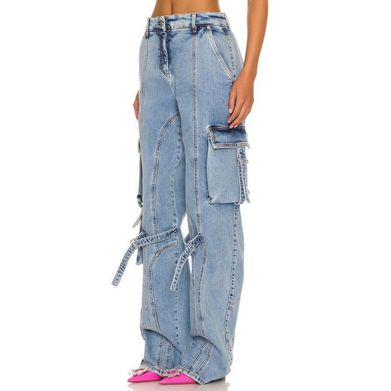 Women Denim Pants Spring Washed Multi Pocket Design Ladies Jeans Loose Casual Long Denim Trousers