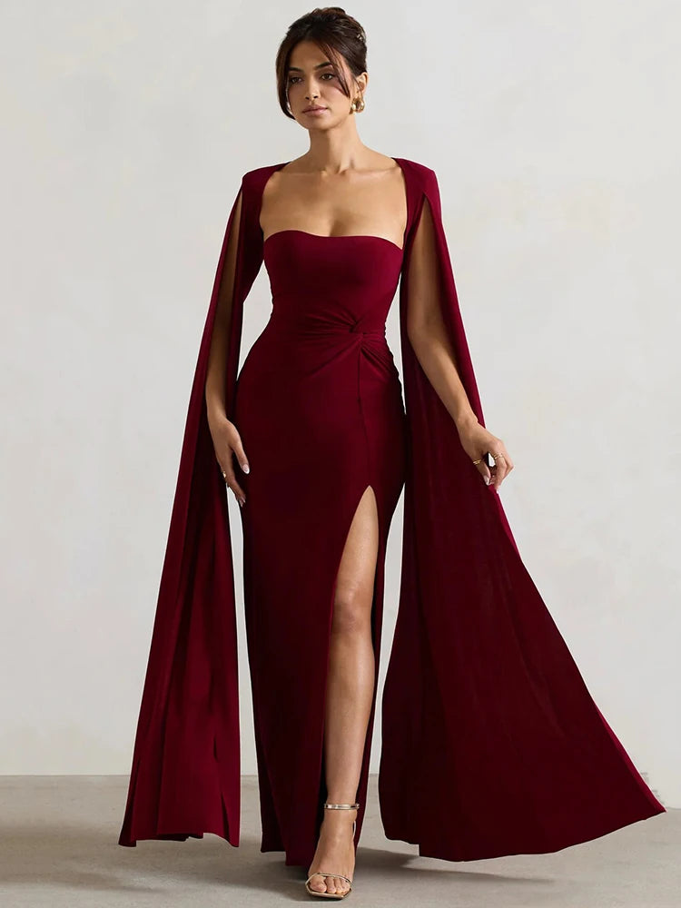 Long Cape Sleeve Split Maxi Dress For Women Gown Square Collar Evening Long Dress Elegant
