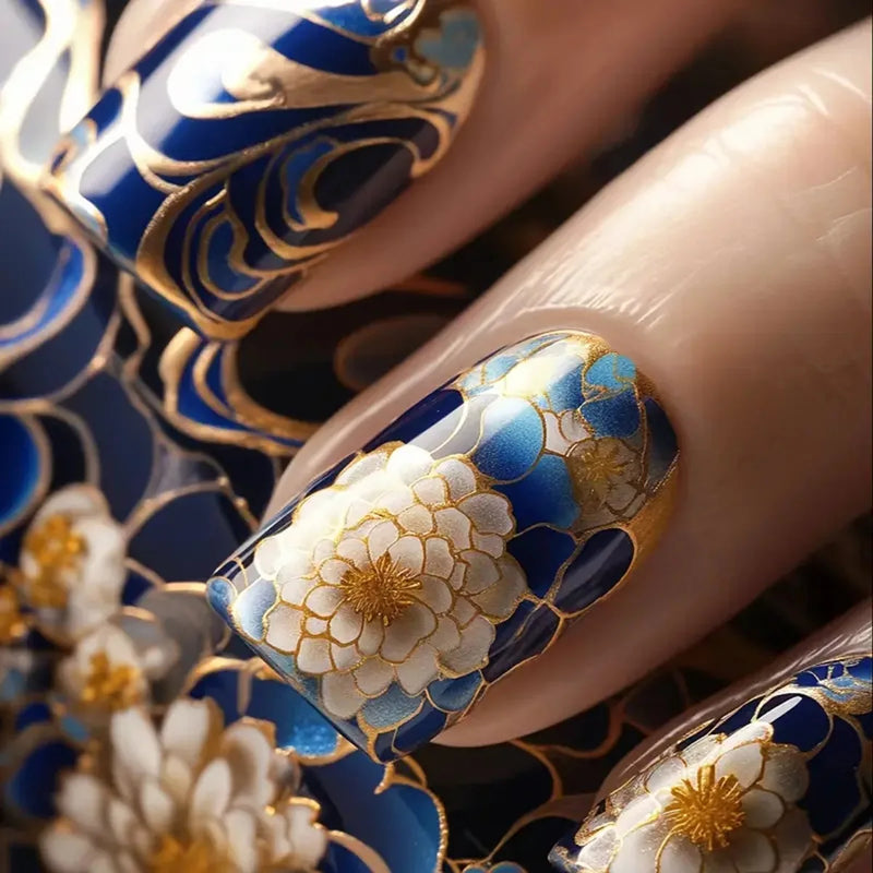 24Pcs/set Mid-length Blue Press on Nail French Square False Nails Art Flower Decoration Wearable