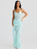 Lace Backless Dress Women Gown Halter Lace-up Bodycon Elegant Ruffle Dress