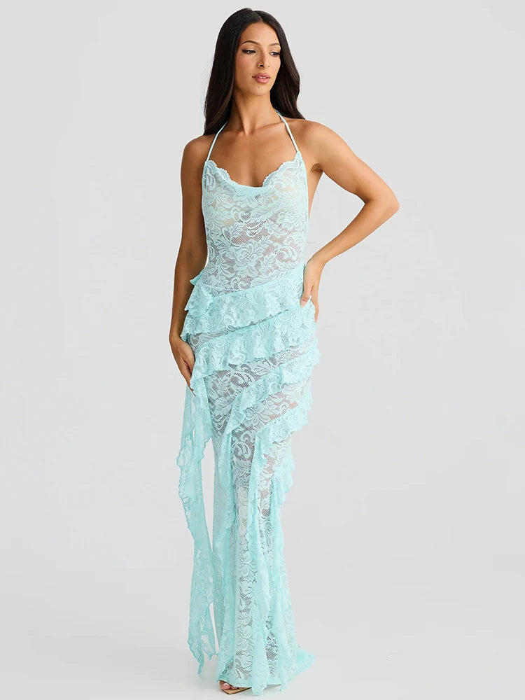 Lace Backless Dress Women Gown Halter Lace-up Bodycon Elegant Ruffle Dress