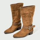 Retro Western Ankle Boots for Women Belt Buckle Decoration Wedge Mid Calf Boots