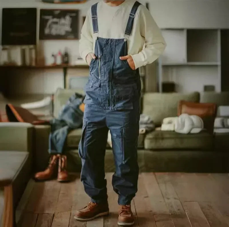 Straight Tube Multi Pocket Work Overalls Men Hip-hop Jumpsuit Couple Suspender Pants