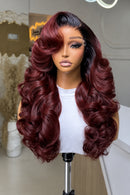 Black Roots Ombre Body Wave Wig Frontal Human Hair Wigs Dark Ruby Red Front Wig Pre Plucked