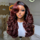 Black Roots Ombre Body Wave Wig Frontal Human Hair Wigs Dark Ruby Red Front Wig Pre Plucked
