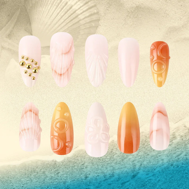24pcs Ocean Shell Series Press on Nails Gradient Almond False Nails Wearable Full Cover Girl Press on Nails