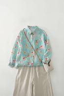 Floral patterned shirt with a beige bag on a white background, Obroi