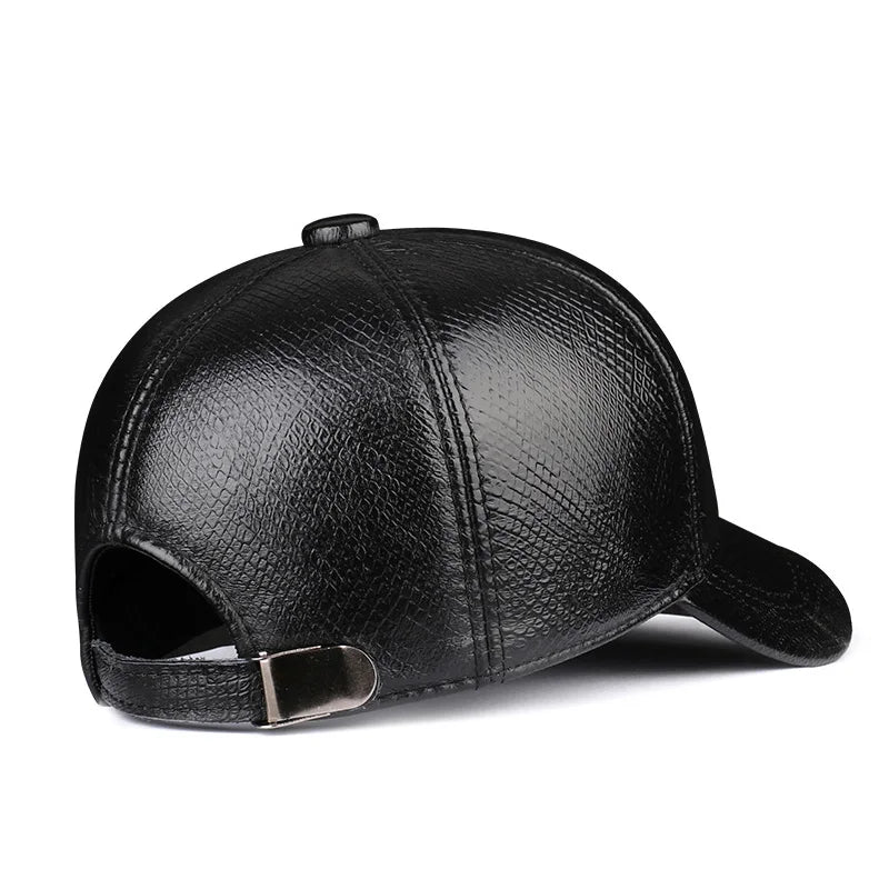 Spring Autumn Genuine Leather Snake Pattern Baseball Cap Adjustable Off White Peaked