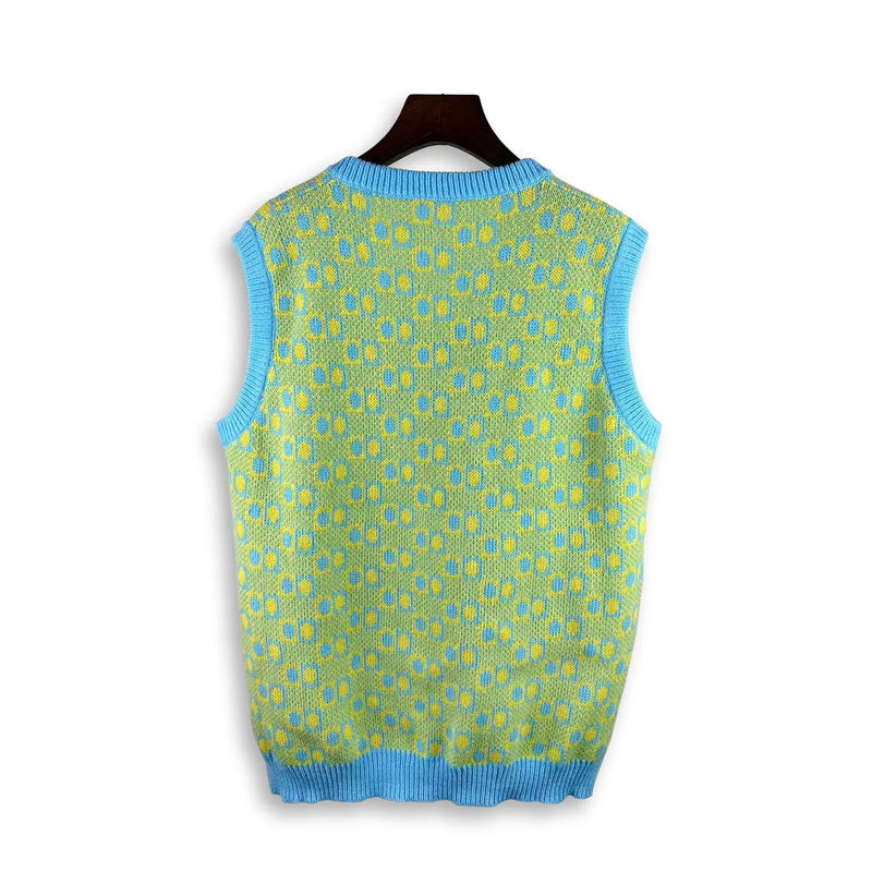 Flower Patchwork V-neck Vest Plaid Jacquard Knitted Sweater Sleeveless Oversized Spring and Autumn Casual