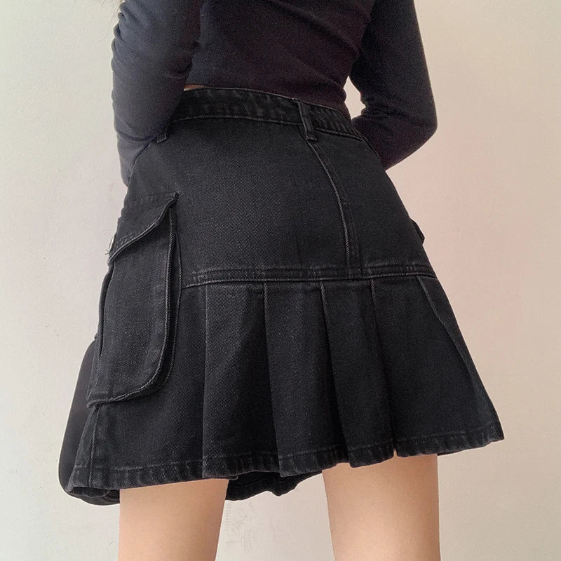 Vintage Denim Skirt Women Streetwear High Waist Pockets Gothic Black Jeans Pleated Skirt Autumn Winter