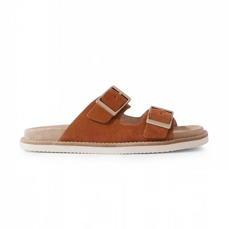 Mens Genuine Leather Slippers Summer Footwear Breathable Beach Shoes Buckle Nubuck Leather Slides