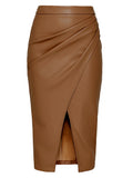 Women Midi Leather Skirt Front Slit Skirts Ladies Black Faux Leather Folded Skirt For Women