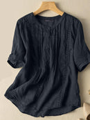 Casual Lace Patchwork Blouse Summer Half Sleeve O-Neck Tops Female Pure Cotton Pleated Design Vintage Tops