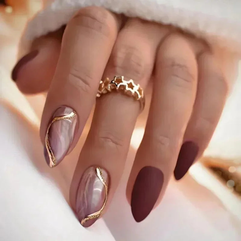 24pcs winter fall leaves false nails with almond artificial nails with glue short stiletto fake press on nail