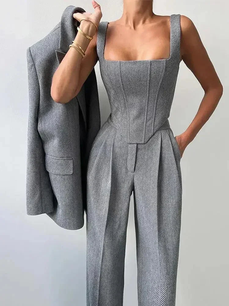 Top Blazer Pants Sets 3 Pieces For Women Solid Jacket Crop Tops High Waist Pocket Pant Lady Office Set