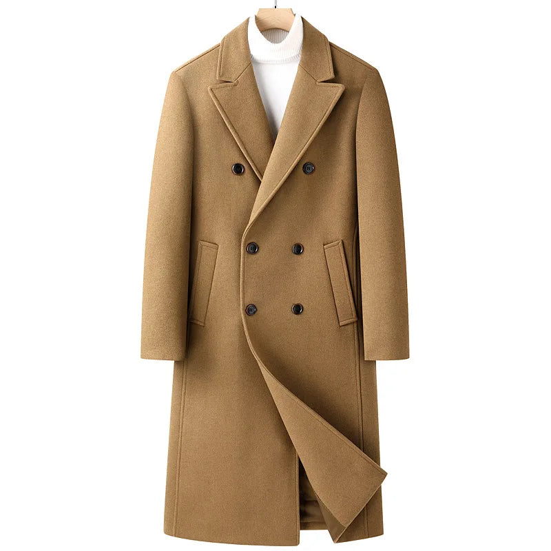 Mens Wool Blend Trench Coat Autumn Winter Double Breasted Long Pea Coat Casual Notched Lapel Classic Overcoat Man