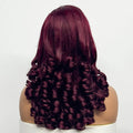 Burgundy wig styled in loose curls on a mannequin head against a white background, Obroi