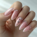 24Pcs Almond Nails Set Press on Nude Rhinestone with Design Nail Reusable Artificial Full Cover False Nails Tips