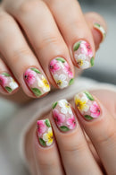 24pcs Short Square Nails Tips Spring Summer Flower Stick on False Nail Art Ballet Wearable Press on Nails