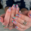 24pcs Almond Shaped Nails Gold Foil Blue Flower Press On Nails Full Cover False Nail For Girl
