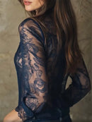 Women See-Through Lace Long Sleeve Button-Down Shirt Tops Casual Elegant Lace Edge Shirts