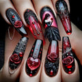 Elegant nail art design with red roses, black accents, and a heart on a neutral background, Obroi