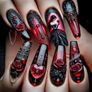 Elegant nail art design with red roses, black accents, and a heart on a neutral background, Obroi