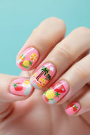 Nails with tropical-themed decorations including fruits and palm trees on a pink background, Obroi