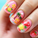 Nails with tropical-themed decorations including fruits and palm trees on a pink background, Obroi