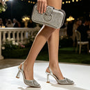 Women Shiny Silver Slingback Heel Matching Bag Set Sparkly Rhinestone Embellished Pumps