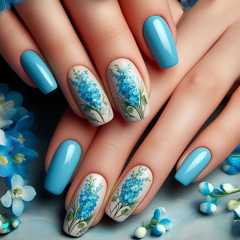 24Pcs Nails Cozy Garden Blooming Flower Leaf Nail Short Square Press on Nails Summer