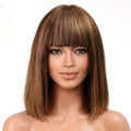 Woman with a brown wig featuring bangs on a white background, branded 'Obroi'.