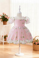 Baby Girl Floral Embroidered Tulle Dress, Puff Sleeve Square Neck Princess Dress, Summer Party Outfit